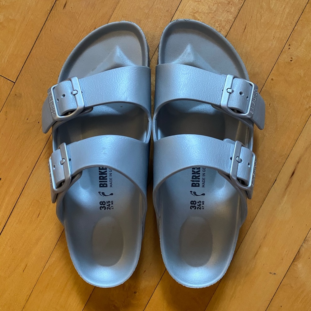 Barley worn silver rubber birkenstock’s!